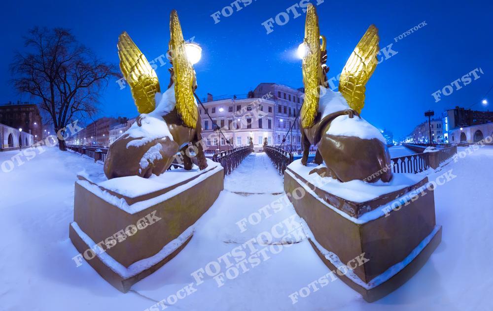 На фотографии изображены заснеженные грифоны на Банковском мосту через канал Грибоедова в Санкт-Петербурге. Их золотые крылья, украшенные снежным покровом, сияют в ночном освещении, придавая мосту магическое обаяние. Ночной Санкт-Петербург в зимнее время погружен в тишину, а исторические здания на фоне моста подчеркивают его архитектурную значимость. Этот мост является одним из символов города и особенно красив в зимний период.